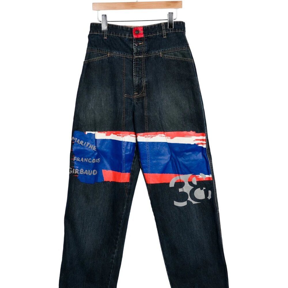 Marithe Francois Girbaud Men's Dark Denim Jeans with Red, Blue and White Graphic